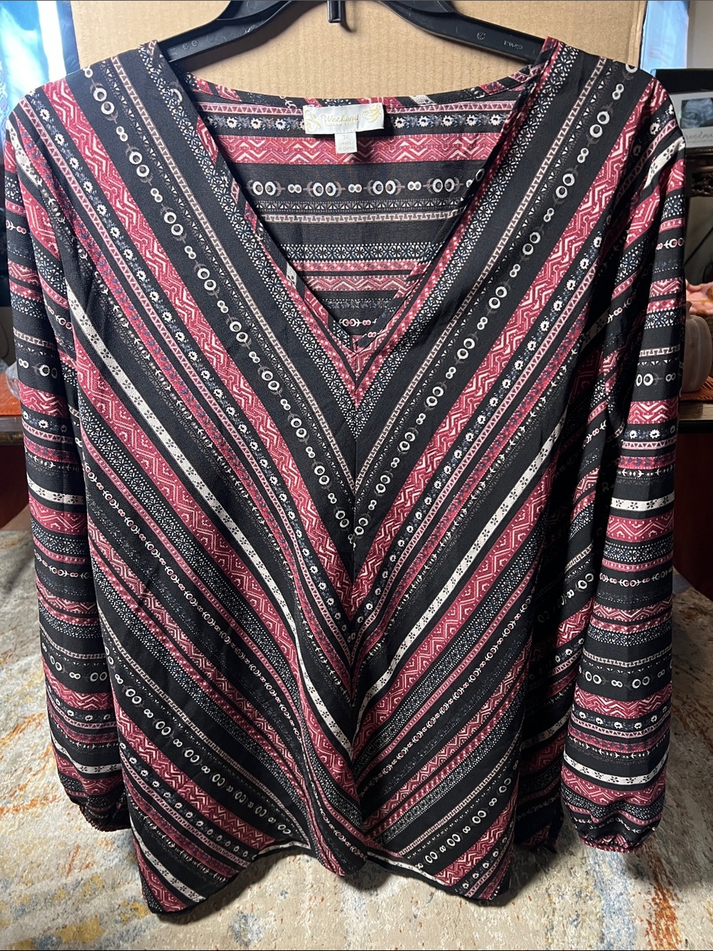 Suzanne Betro Black and Burgundy Striped V-Neck Tunic
